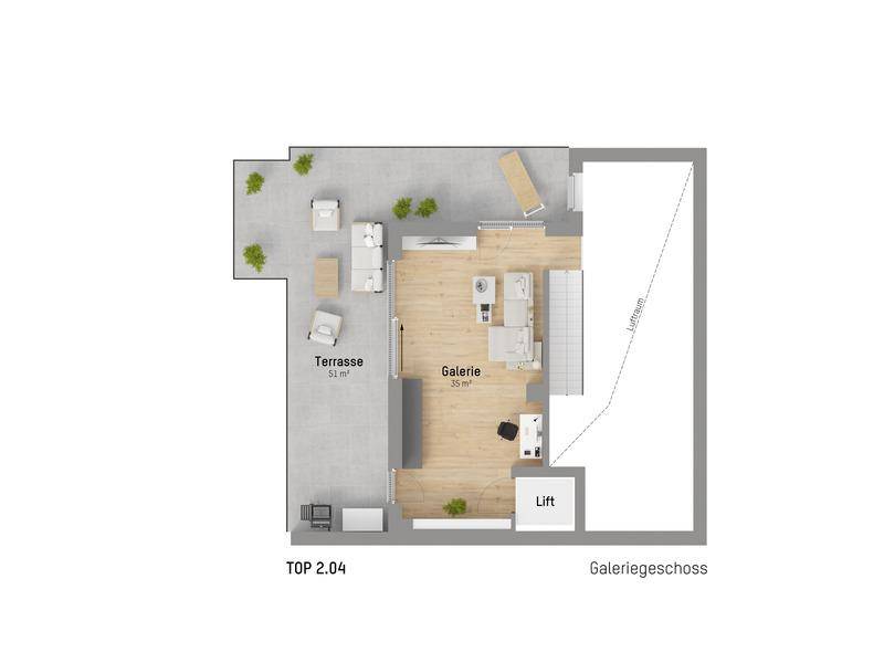 Grundriss des Galeriegeschosses mit großer Terrasse und offenem Wohnbereich.