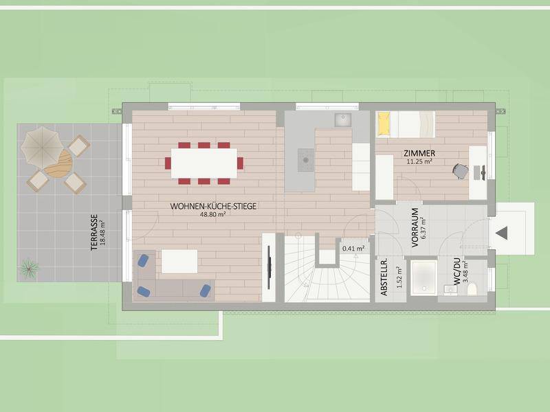 Grundriss des Erdgeschosses mit offener Wohnküche, Terrasse und einem zusätzlichen Zimmer.