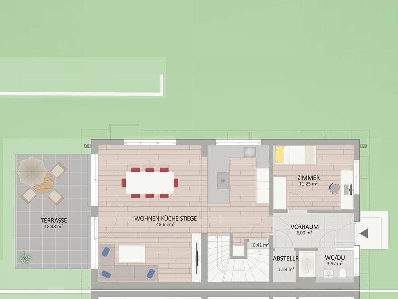 Grundriss des Erdgeschosses mit offenem Wohn-Kochbereich, einem Zimmer und einer großen Terrasse.