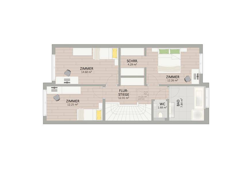 Grundriss des Obergeschosses mit drei Schlafzimmern, Bad und separatem WC.