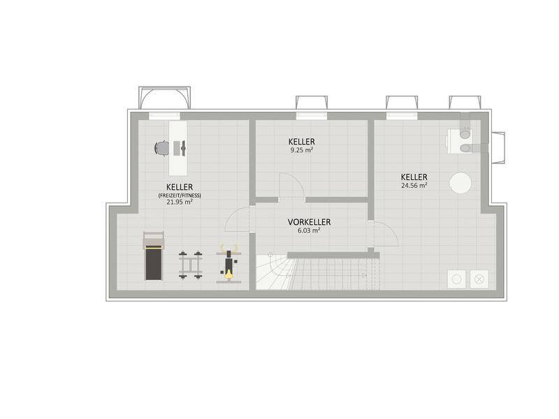 Grundriss des Kellers mit mehreren Abstellräumen und einem Bereich für Freizeit/Fitness.