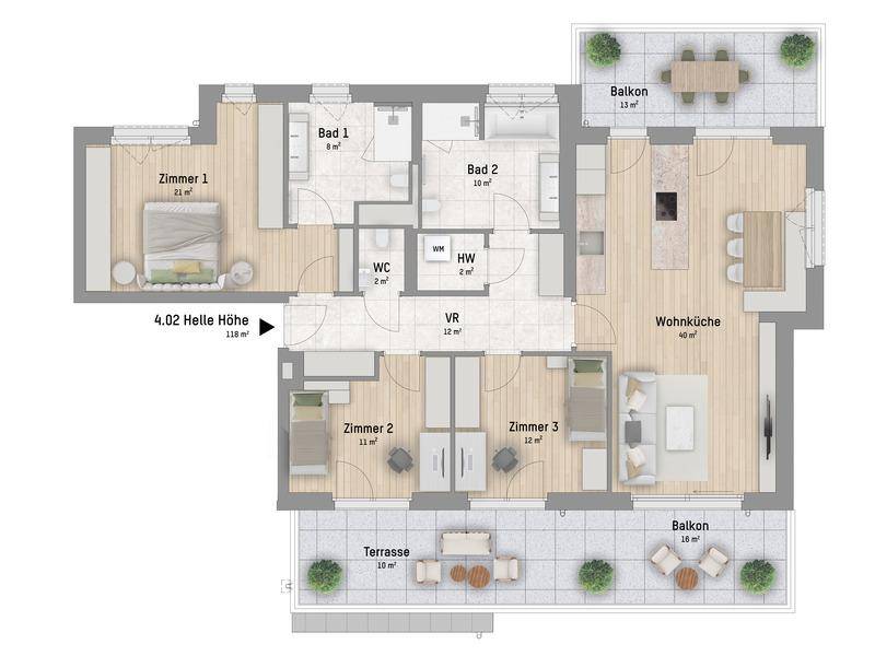 Grundriss einer Wohnung mit offener Wohnküche, drei Zimmern, zwei Bädern, WC, Balkonen und Terrasse.