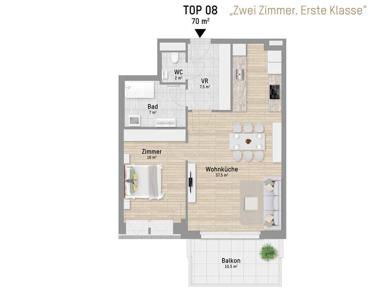 Grundriss einer 70 m² Wohnung mit einem Schlafzimmer, offener Wohnküche und Balkon.