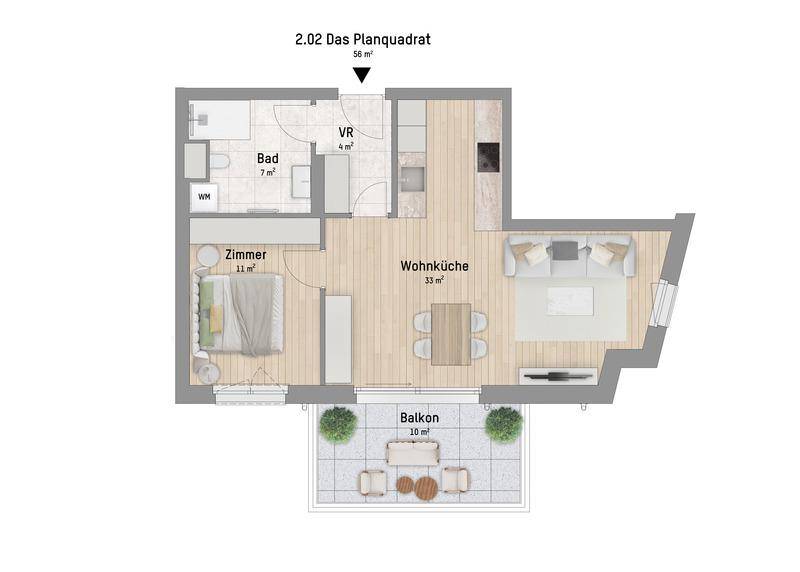 Grundriss einer Wohnung mit offenem Wohn- und Küchenbereich, einem Schlafzimmer und Balkon.