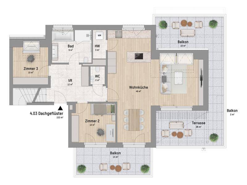 Grundriss einer Wohnung mit offener Wohnküche, drei Zimmern, zwei Bädern, Balkonen und einer Terrasse.