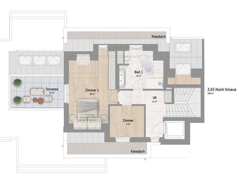 Grundriss einer Dachgeschosswohnung mit Schlafzimmern, Bad und einer großzügigen Terrasse.