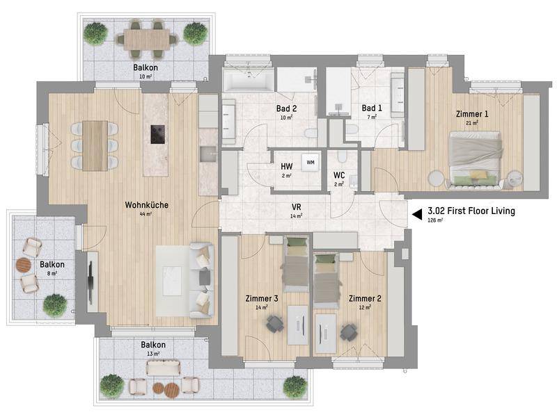 Grundriss einer Wohnung mit offener Wohnküche, drei Schlafzimmern, zwei Bädern und mehreren Balkonen.