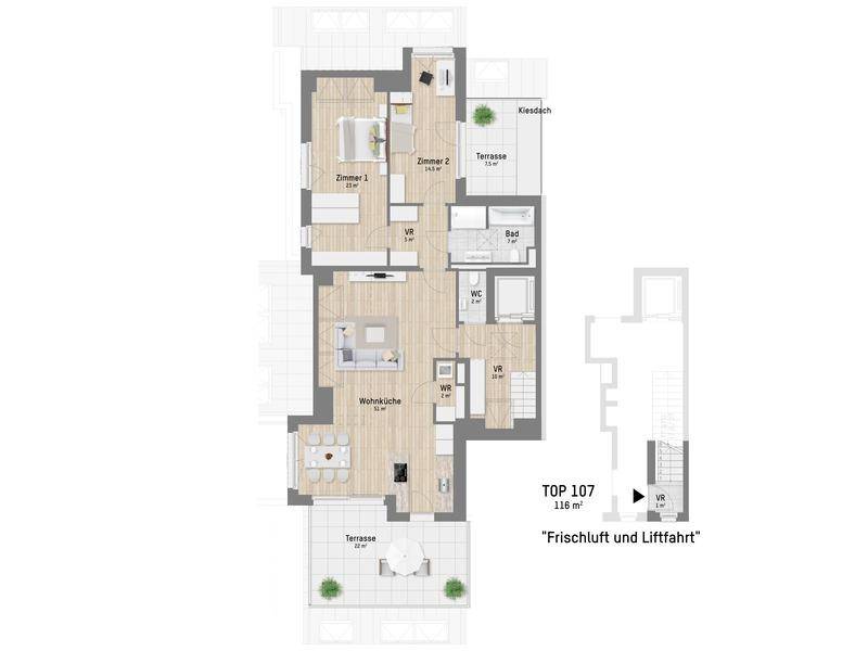 Detaillierter Grundriss einer Wohnung mit zwei Schlafzimmern, Wohnküche und zwei Terrassen.