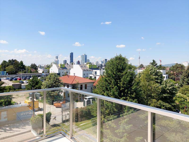 Weitläufige Dachterrasse mit Panoramablick auf die Stadt und umliegende Grünflächen.