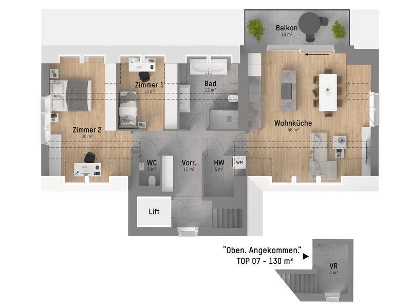 Grundriss einer Wohnung mit zwei Schlafzimmern, offener Wohnküche und Balkon.