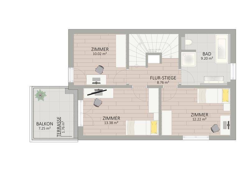 Grundriss des Obergeschosses mit drei Zimmern, einem Badezimmer und Zugang zu Balkon und Terrasse.