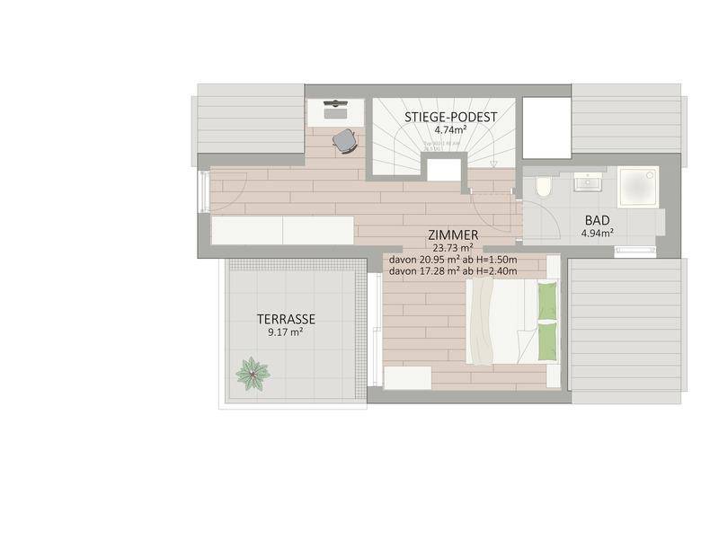 Grundriss des Dachgeschosses mit einem großen Zimmer, Badezimmer und einer privaten Dachterrasse.