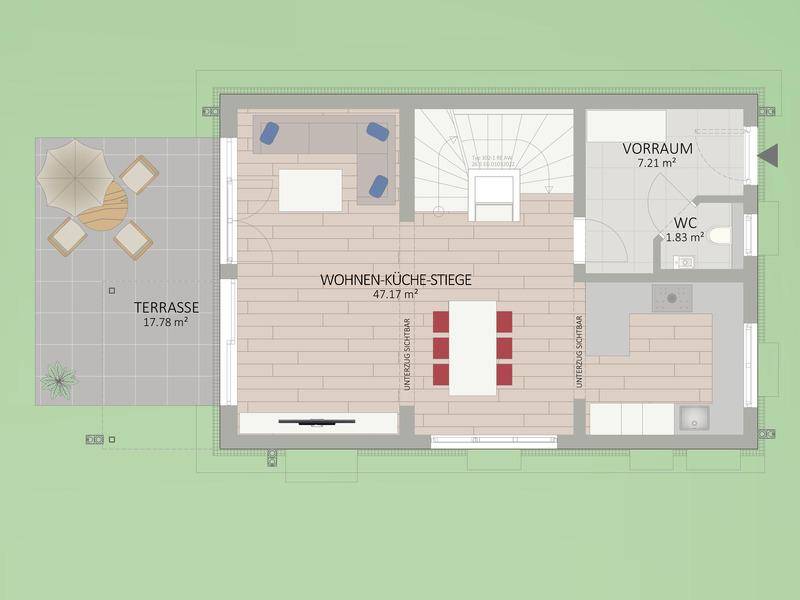 Grundriss des Erdgeschosses mit offenem Wohn-Küchenbereich, separatem WC und großer Terrasse.