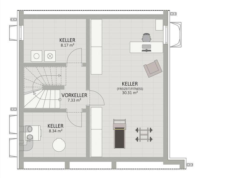 Grundriss des Kellers mit mehreren Räumen, darunter ein Freizeit- und Fitnessbereich.