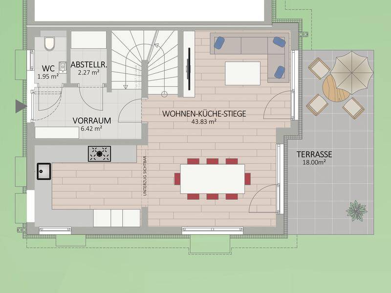 Grundriss des Erdgeschosses mit offenem Wohn-Küchenbereich, Gäste-WC und Terrasse.