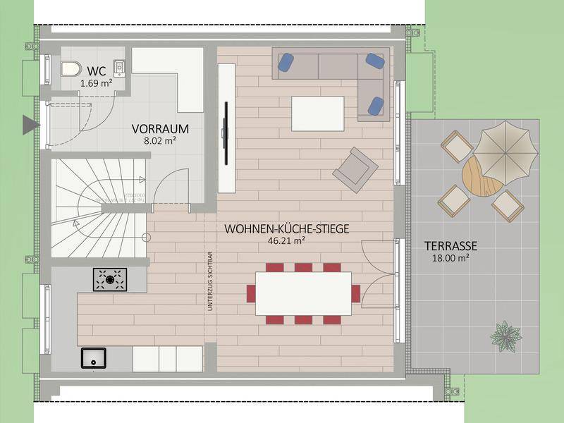 Grundriss des Erdgeschosses mit offenem Wohn-Küchenbereich, WC und großer Terrasse.