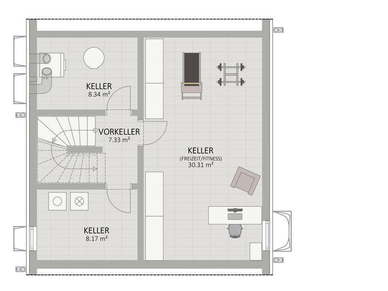 Grundriss des Kellers mit mehreren Abstellräumen und einem Bereich für Freizeit/Fitness.