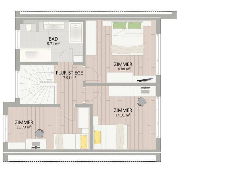 Grundriss des Obergeschosses mit drei Schlafzimmern, einem Badezimmer und Wendeltreppe.