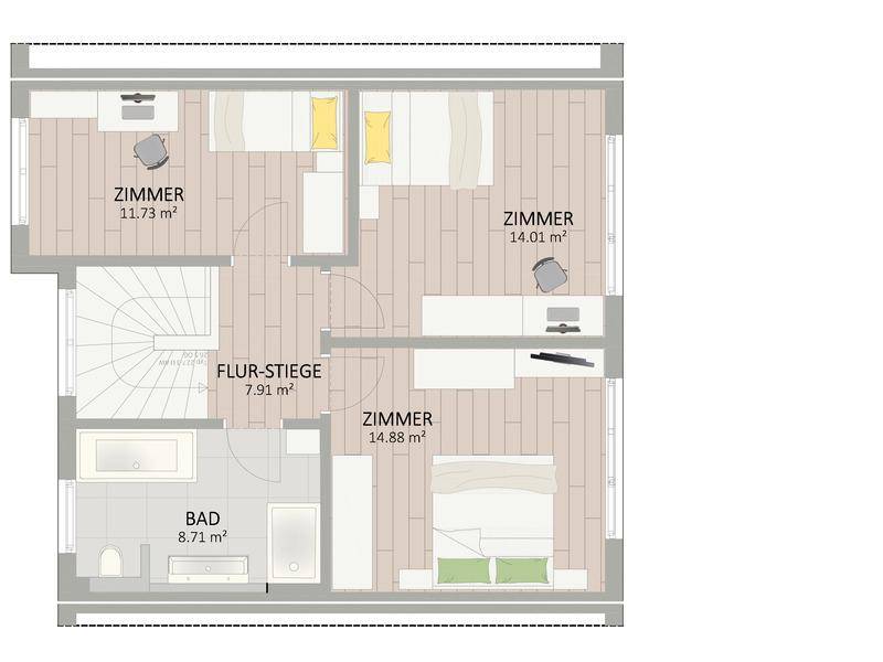 Grundriss des Obergeschosses mit drei Schlafzimmern, einem Badezimmer und Treppenaufgang.