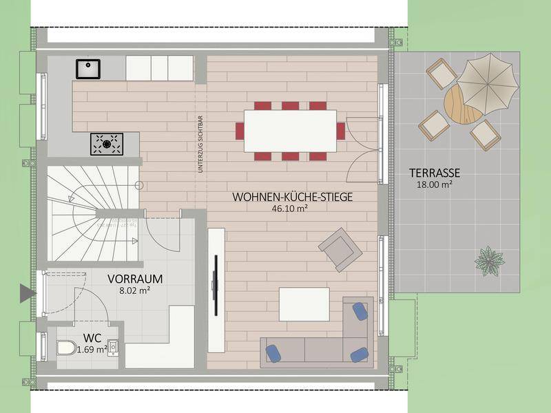 Grundriss des Erdgeschosses mit offenem Wohn-Essbereich, Küche und Zugang zur Terrasse.