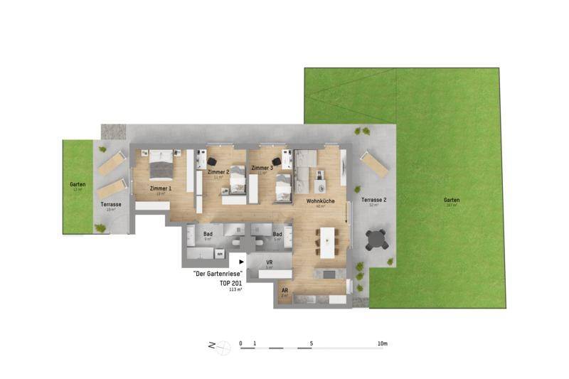 Grundriss einer Wohnung mit drei Zimmern, offener Wohnküche, zwei Bädern, zwei Terrassen und Gartenbereichen.