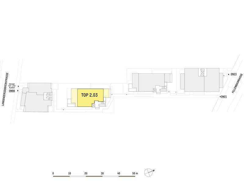 Lageplan der Wohnanlage mit einer hervorgehobenen Wohneinheit und umliegenden Gebäuden.