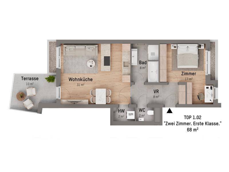 Grundriss einer 68 m² Wohnung mit offener Wohnküche, Schlafzimmer, Bad, separatem WC und großer Terrasse.