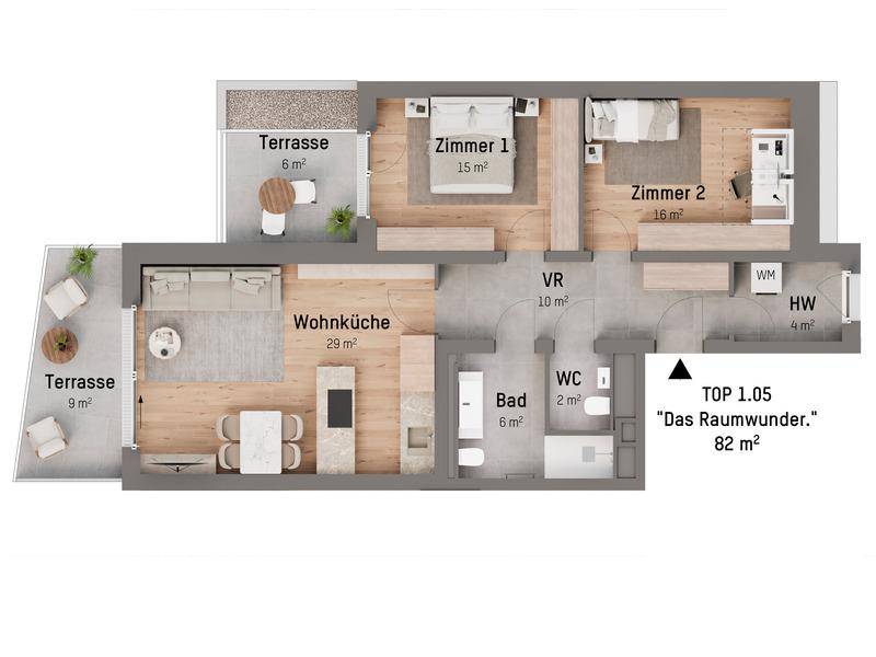Grundriss der Wohnung TOP 1.05 mit 82 m² Wohnfläche, offener Wohnküche und zwei Terrassen.