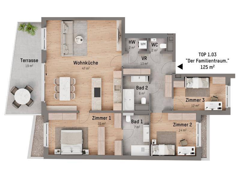 Grundriss einer Wohnung mit offener Wohnküche, drei Zimmern, zwei Bädern und großer Terrasse.