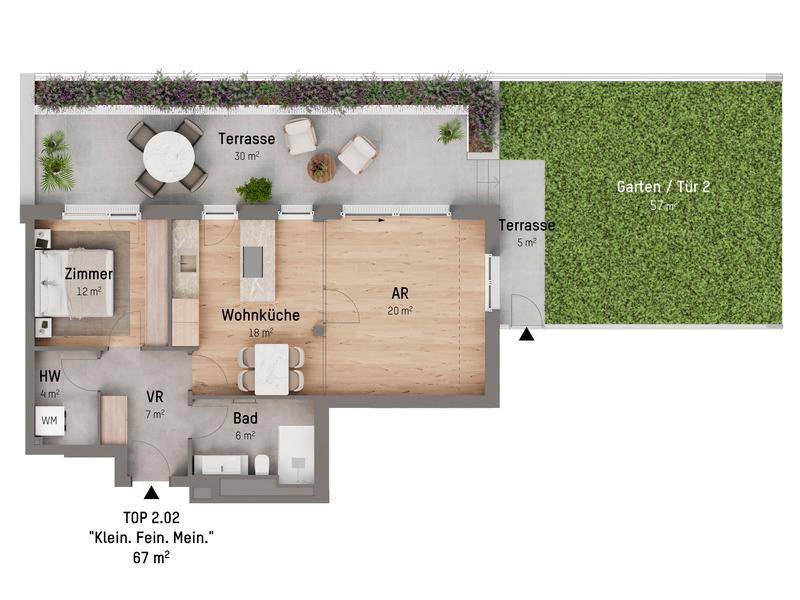 Grundriss einer Wohnung mit offener Wohnküche, Schlafzimmer, Bad und zwei Terrassen mit Gartenanteil.