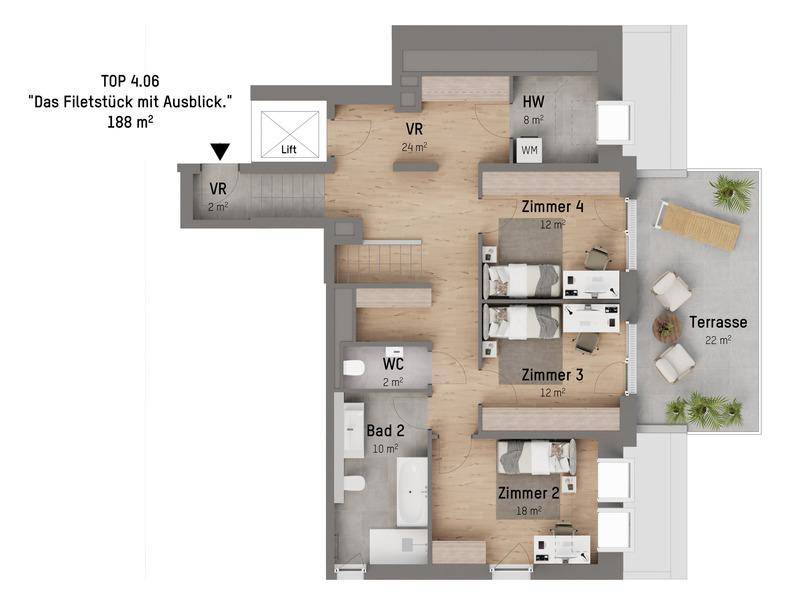 Grundriss einer Wohnung mit mehreren Schlafzimmern, zwei Bädern, separatem WC, Hauswirtschaftsraum und Terrasse, inklusive Liftzugang.