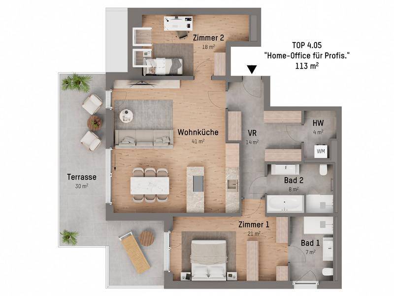 Grundriss einer modernen Wohnung mit offener Wohnküche, zwei Bädern und einer großzügigen Terrasse.