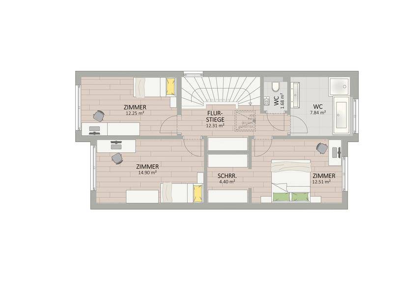 Grundriss des Obergeschosses mit drei Schlafzimmern, Flur, separatem WC und Badezimmer.