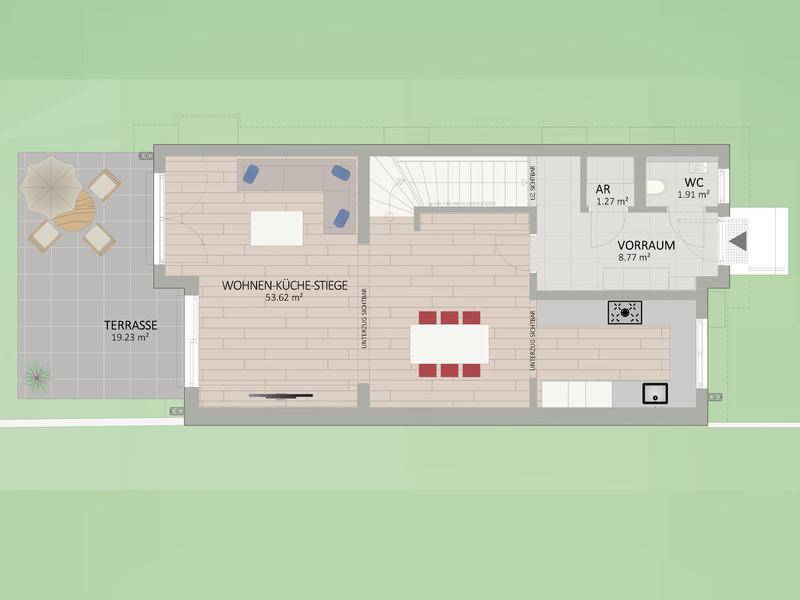 Grundriss des Erdgeschosses mit offenem Wohn- und Küchenbereich, separatem WC und großer Terrasse.