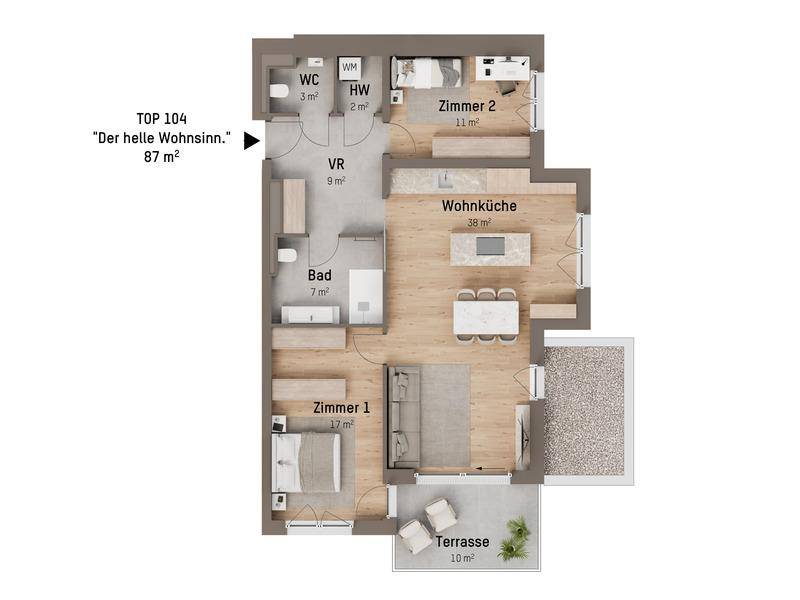 Grundriss einer modernen Wohnung mit offener Wohnküche, zwei Schlafzimmern und Terrasse.
