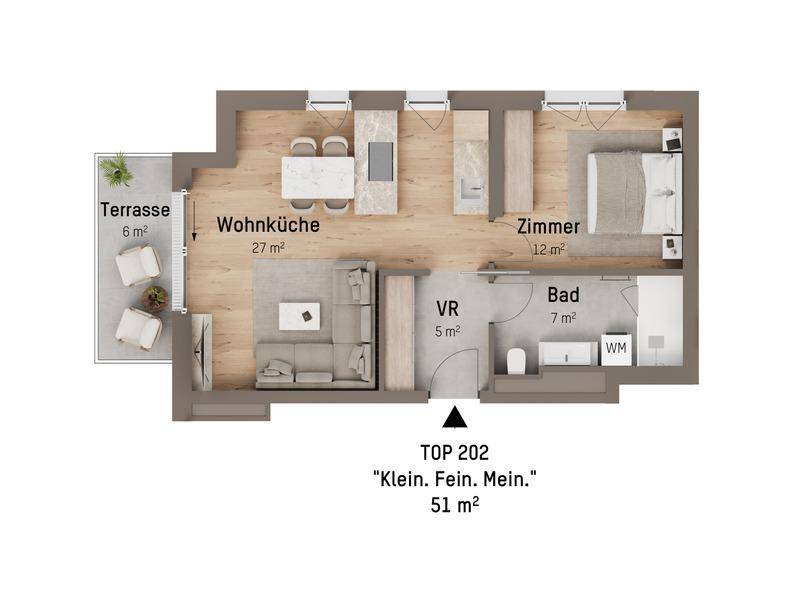 Grundriss einer modernen Wohnung mit offener Wohnküche, einem Schlafzimmer und Terrasse.