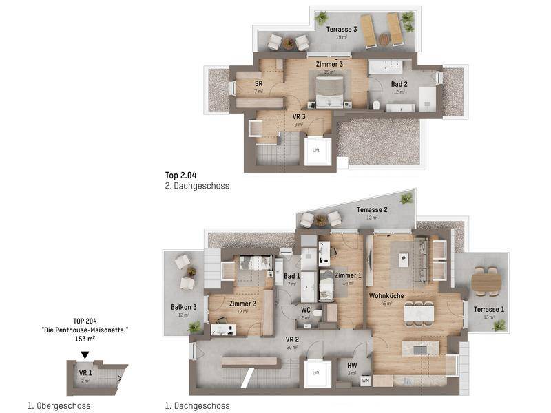 Grundriss der Penthouse-Maisonette über zwei Ebenen mit Terrassen und Balkon.