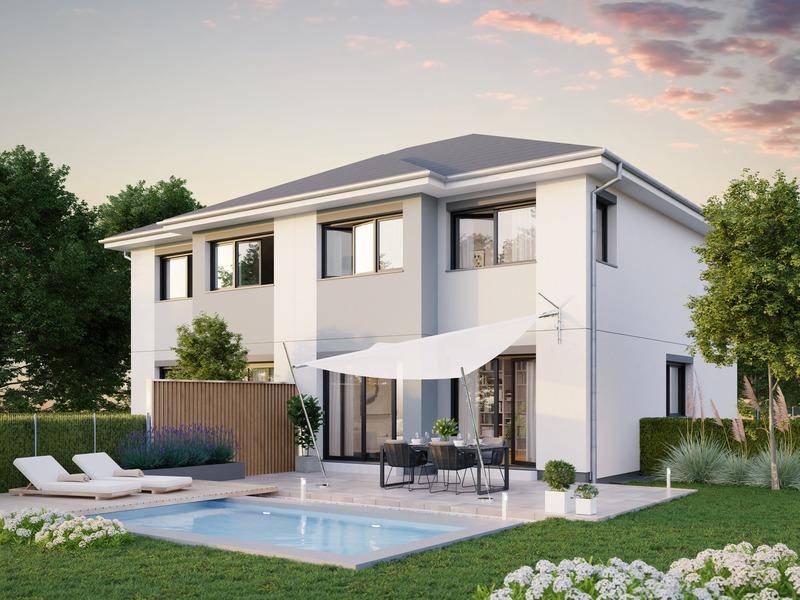 Modernes Einfamilienhaus mit privatem Pool, Sonnenterrasse und gepflegtem Gartenbereich.