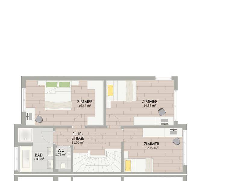 Grundriss des Obergeschosses mit drei Schlafzimmern, einem Badezimmer und separatem WC.