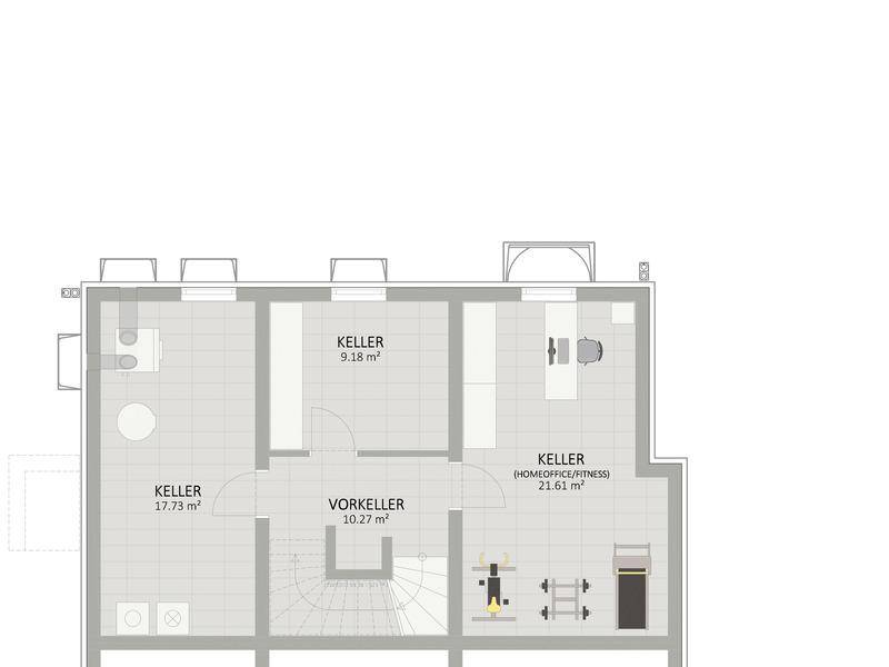 Grundriss des Kellers mit mehreren Abstellräumen und einem Bereich für Homeoffice oder Fitness.