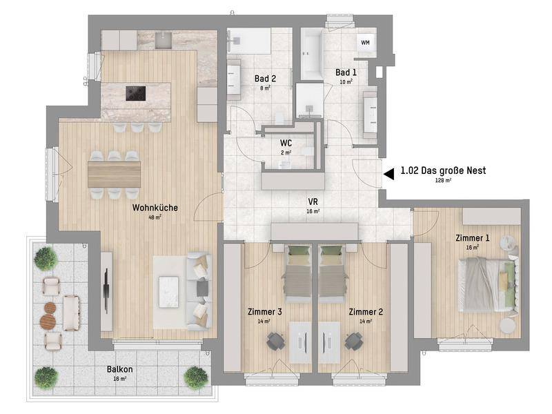 Grundriss einer Wohnung mit offener Wohnküche, drei Schlafzimmern, zwei Bädern, einem Gäste-WC und einem großen Balkon.