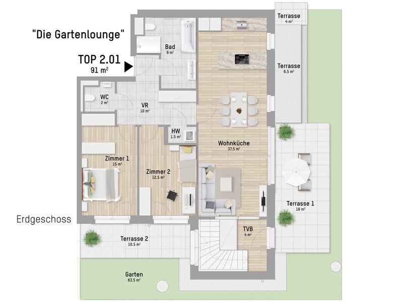 Grundriss des Erdgeschosses mit Wohnküche, zwei Zimmern und mehreren Terrassen.