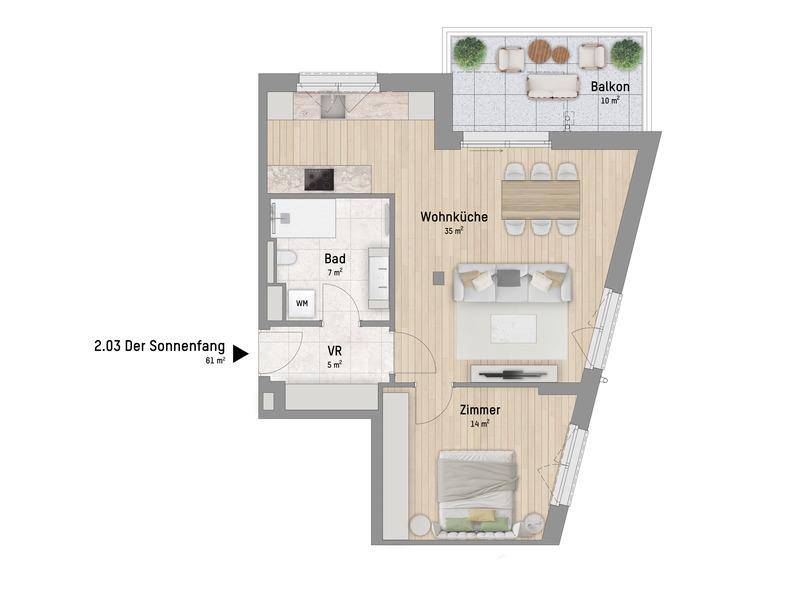 Grundriss einer Wohnung mit offener Wohnküche, einem Zimmer, Bad und einem großzügigen Balkon.