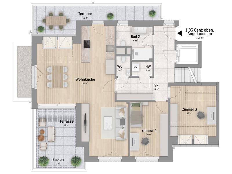 Grundriss einer Wohnung mit offener Wohnküche, einem Bad und mehreren Terrassen sowie einem Balkon.