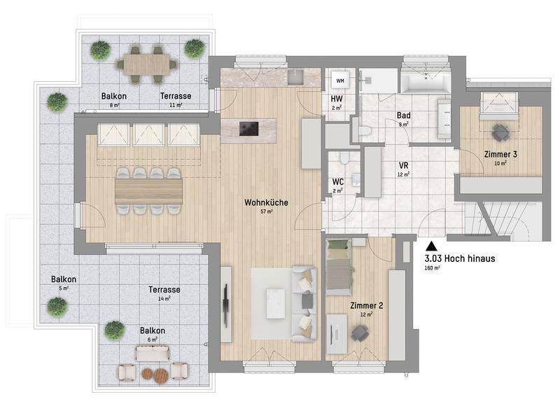 Grundriss einer Wohnung mit Wohnküche, zwei Schlafzimmern, Bad und mehreren Balkonen und Terrassen.
