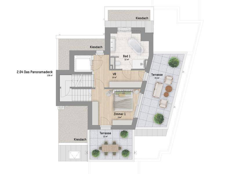 Grundriss mit einem Schlafzimmer, einem Badezimmer und zwei großen Terrassen inklusive Panoramadeck.