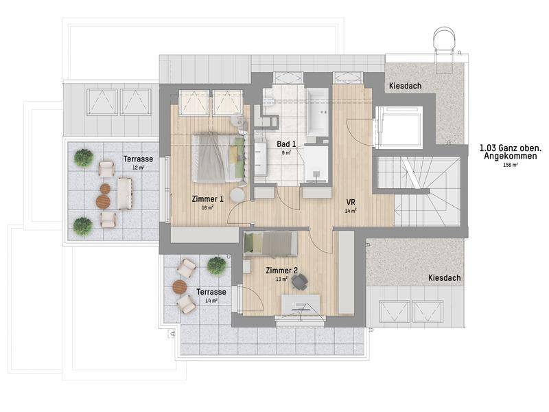 Grundriss einer Wohnung mit zwei Schlafzimmern, einem Bad und zwei großzügigen Terrassenbereichen.