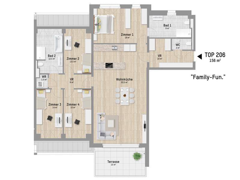 Detaillierter Grundriss der Wohnung TOP 206 mit vier Zimmern, zwei Bädern und großer Terrasse.