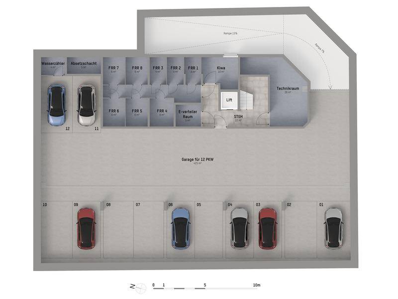 Grundriss der Tiefgarage mit Stellplätzen für 12 PKW, Technikraum und Aufzug.