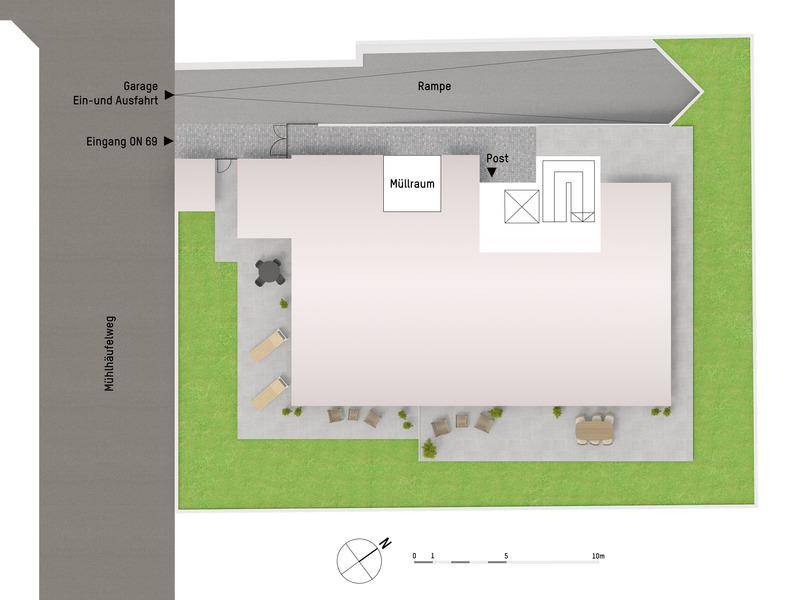 Lageplan des Gebäudes mit Zufahrt zur Garage, Müllraum und Außenbereichen wie Garten und Terrasse.